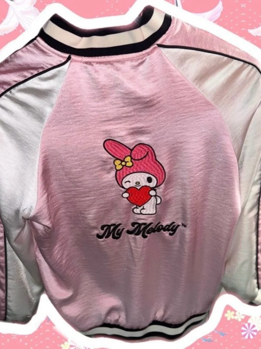 Forever 21 Black and White Bomber Jacket with Pink Character Embroidery